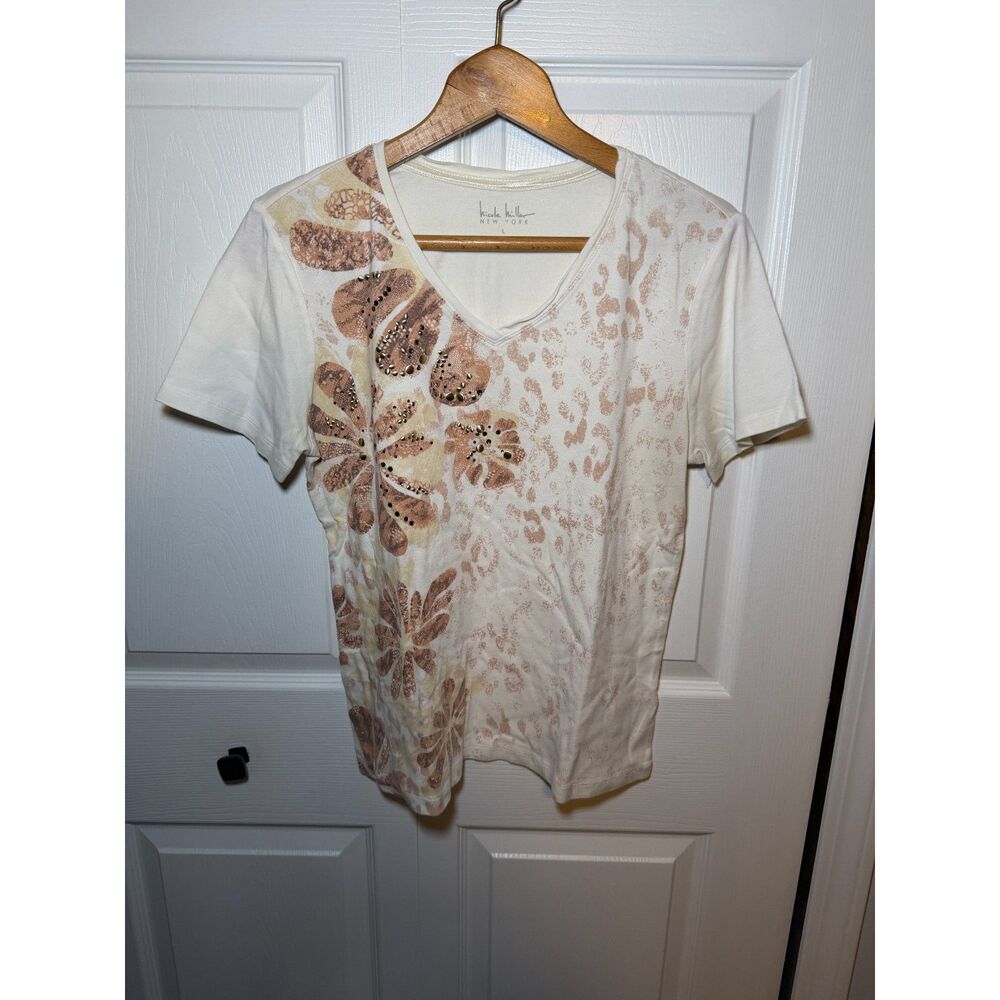 Nicole Miller New York Women's Large Embellished Floral V-Neck Short Sleeve Top